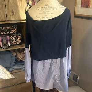 Trouve Off the Shoulder Navy and Light Blue Women's Blouse - XL